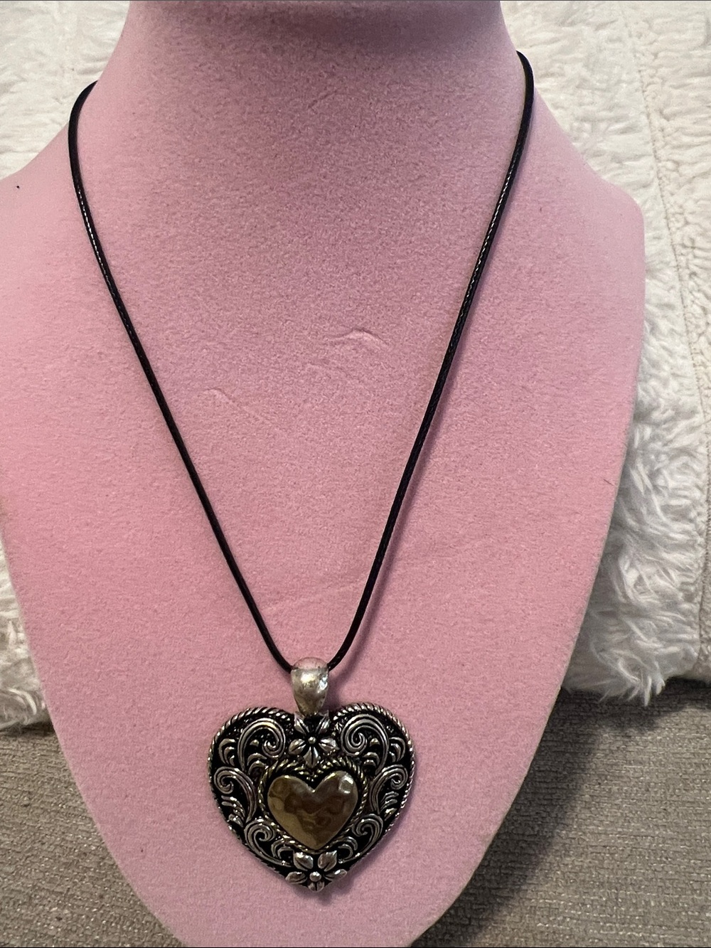 Heart Pendant Necklace with Brown Accent on Black Cord